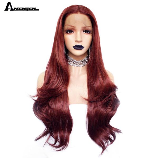 

anogol high temperature fiber middle part natural long body wave wine red ombre yellow light green synthetic lace front wigs, Black