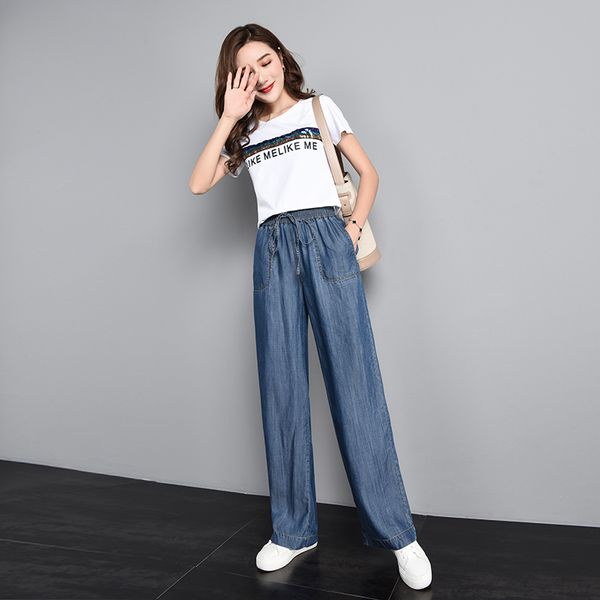 

high waist tencel jeans women's pants spring thin wide leg pants elastic waist loose casual straight women's trousers, Blue