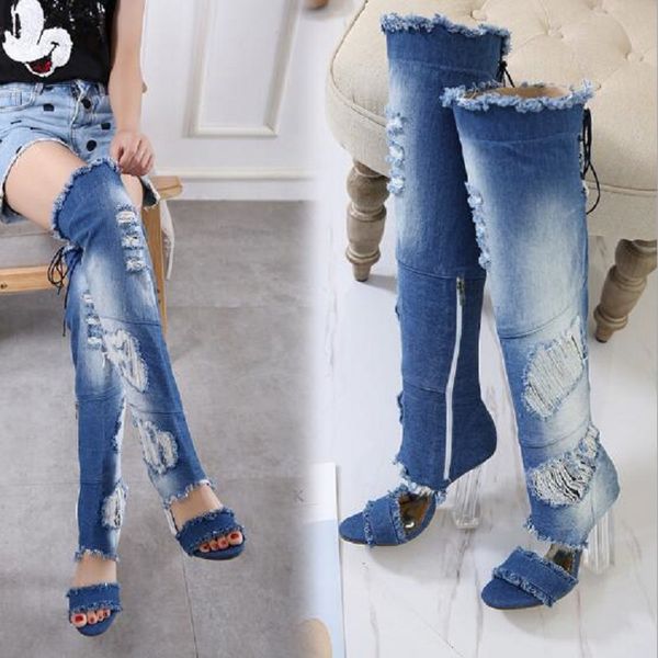 

new summer crystal heel super high heels peep toe zipper women shoes denim knee high lace up cover heel long boots 20181213, Black