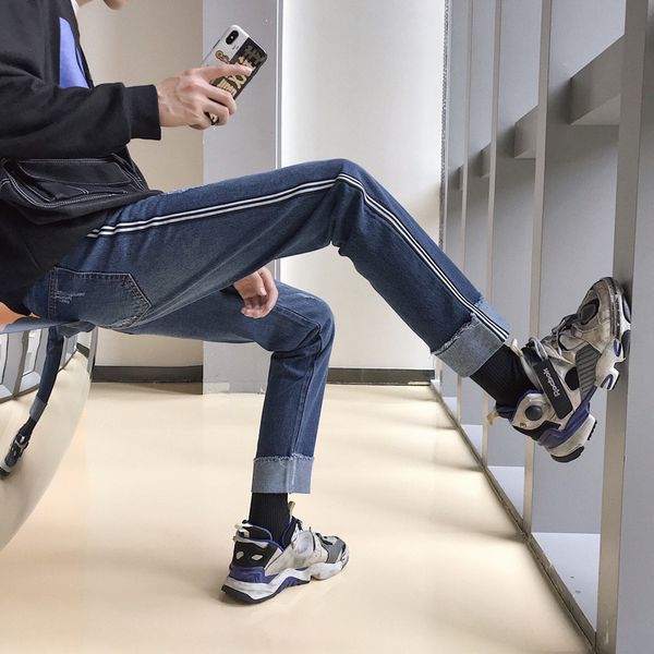 

2019 summer men's new weave bring decorate trousers baggy homme classic jeans blue color leisure loose casual pants size s-2xl