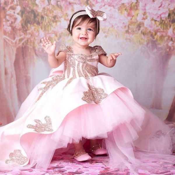 

gorgeous high low beaded little girls pageant dresses 2019 ball gown tiered backless flower girl dress sequined first communion gowns, White;red