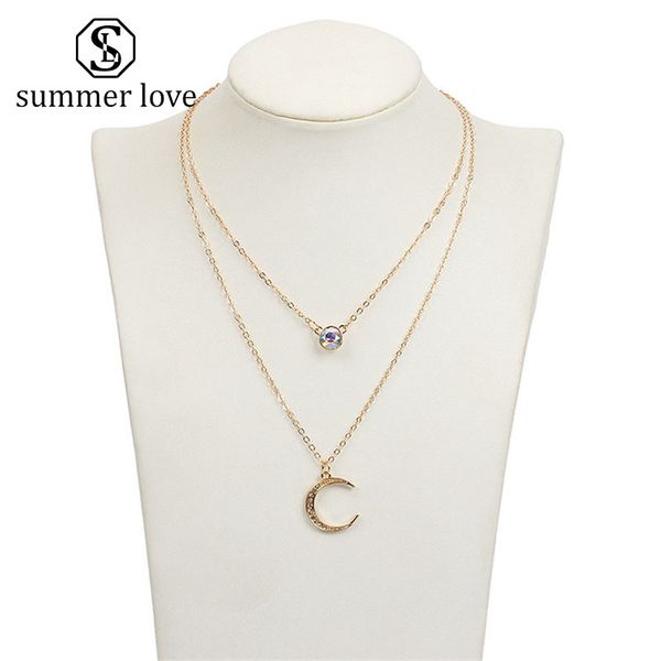 

2019 multilayer crystal crescent moon pendant necklace for women fashion bohemia gold silver chain necklace jewelry gift