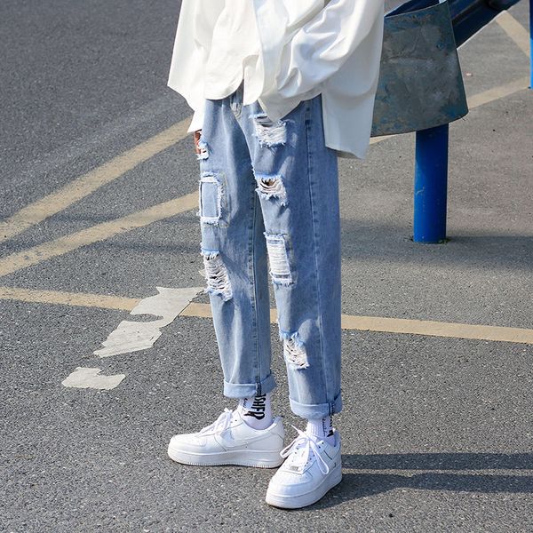 

men's jeans summer ripped straight fashion retro casual hole men streetwear wild loose hip hop denim pants mens 28-36, Blue