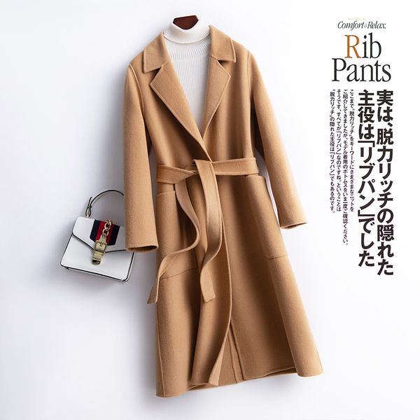 

ladies autumn winter new elegant casual warm 100% wool coat solid color fashion belt large size cashmere coat jacket, Black