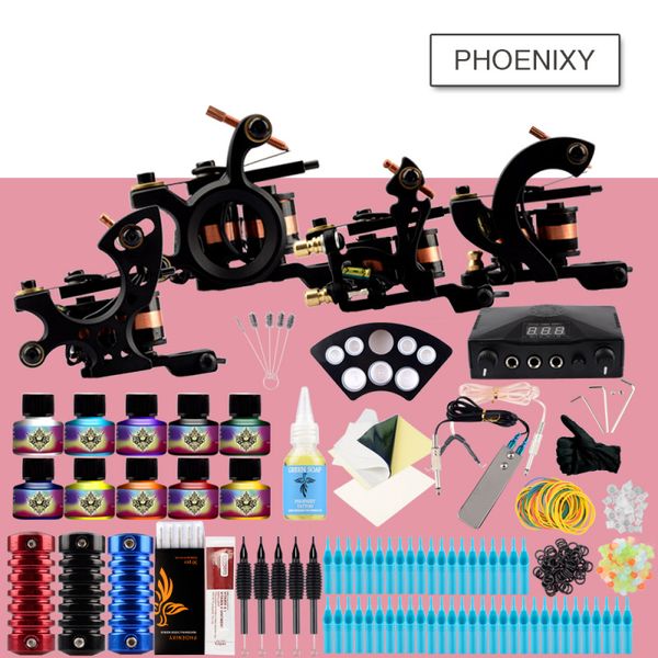 

complete tattoo kit 4 machine set black power supply needles permanent make up professional tattoo kit set 10pcs inks make up