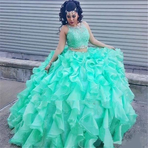 

2020 new mint green ball gown two-piece quinceanera dresses organza ruffles prom formal gowns beaded lace jewel quinceanera dresses, Blue;red