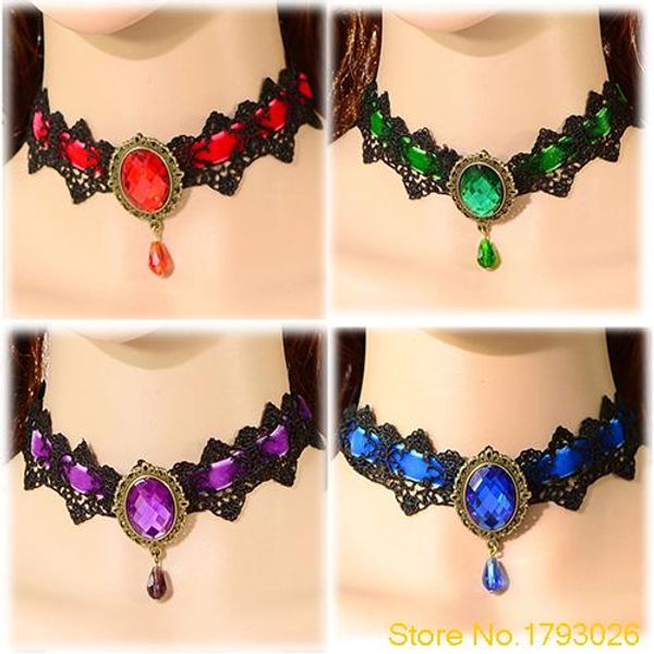 

fashion women's jewelry goth lolita lace collar choker short crystal pendant necklace 4tyj, Golden;silver