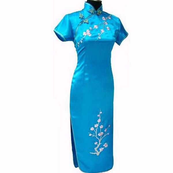 

embroidered cheongsam lake blue charming chinese banquet dress women's satin cheongsam short-sleeved dress size s-3xl, Red