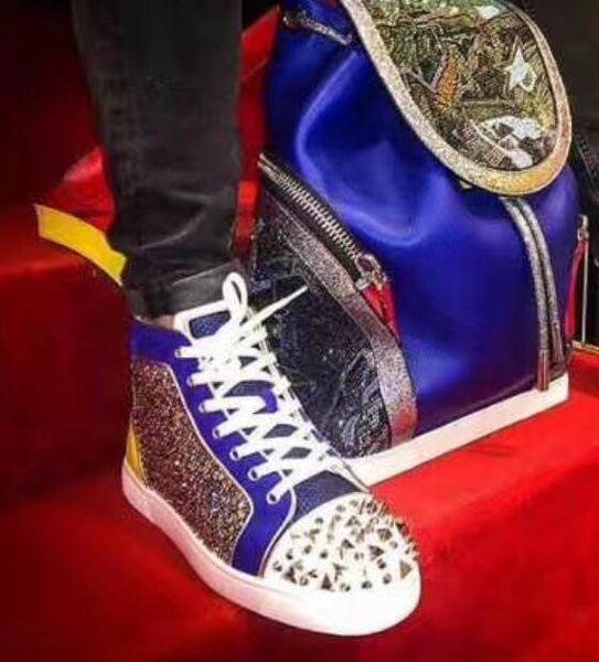 

fashion red sole sneaker with diamond strass men's red bottom spiked pik shoes rivet men's high rhinestone leather red blue with s, Black