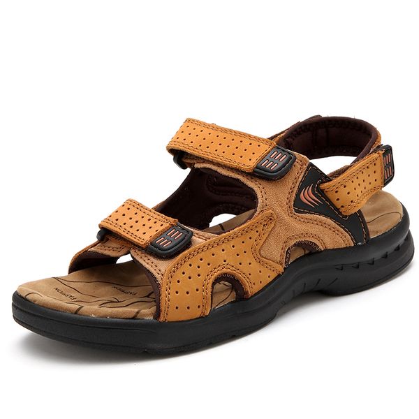 

men's sandals fashion casual beach sandals genuine leather summer shoes retro sewing classics men footwear zapatos hombre 38-44 mx20061, Black