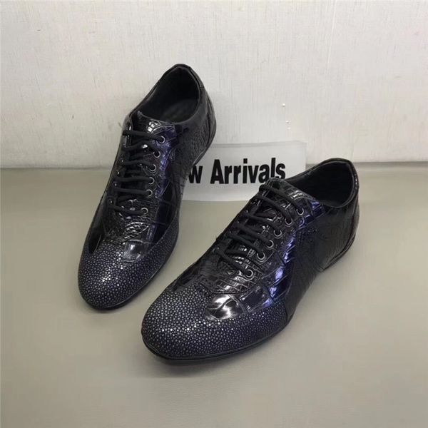 

authentic sand stingray skin soft rubble sole men's casual flats shoes exotic genuine real crocodile leather male lace-up shoes, Black