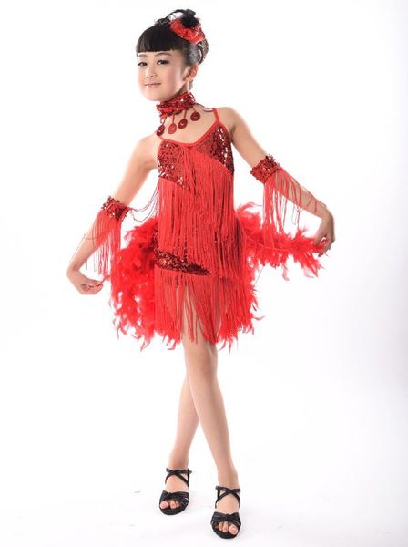 

girls latin dance new stage performance costume sequin feather tassel modern dance costume ing, Black;red