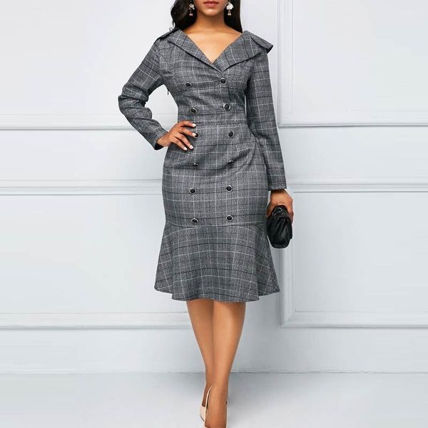 

women dresses office wear ladies pencil ruffle plus size 2020 autumn new plaid double button v-neck long sleeves midi, Black;gray