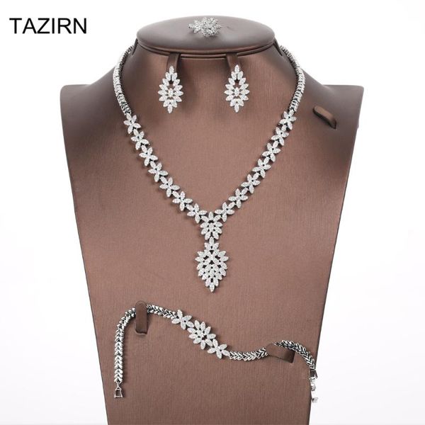 

4 pcs zircon wedding bridal jewelry sets bridesmaid gift dubai crystal necklace/bracelet/earrings/rings sets for brides, Silver