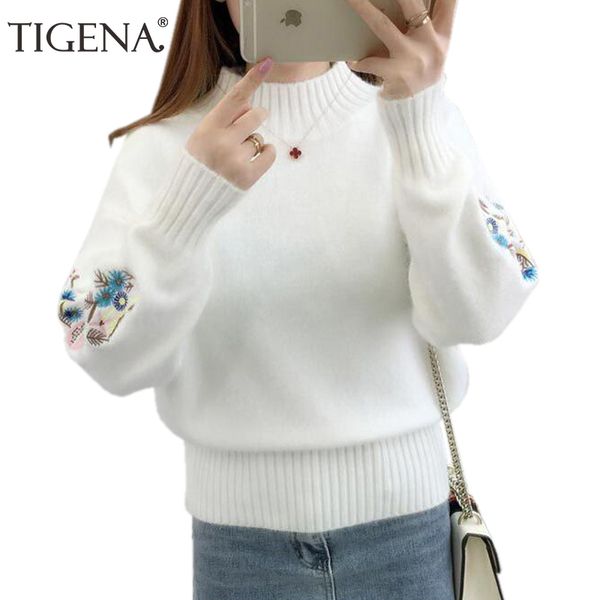 

tigena embroidery turtleneck sweater women 2019 winter thick warm women pullovers and sweaters female knitted pull femme red, White;black