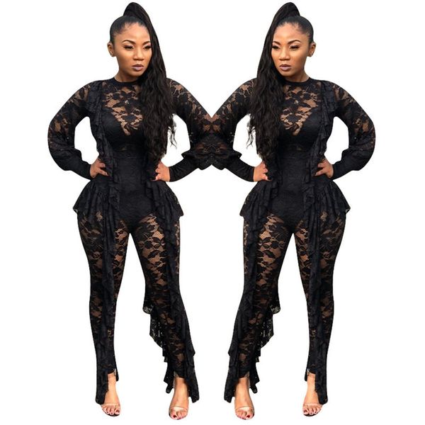 Manga comprida Sexy Sheer Black Lace Jumpsuit Bodyit Mulheres ver através de Ruffle Party Club use uma peça bodycon macacão macacão T5190614