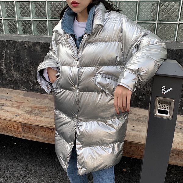 

glossy silver women winter jacket spliced denim cotton coat women long cotton parkas loose warm jackets plus size outwear my154, Tan;black