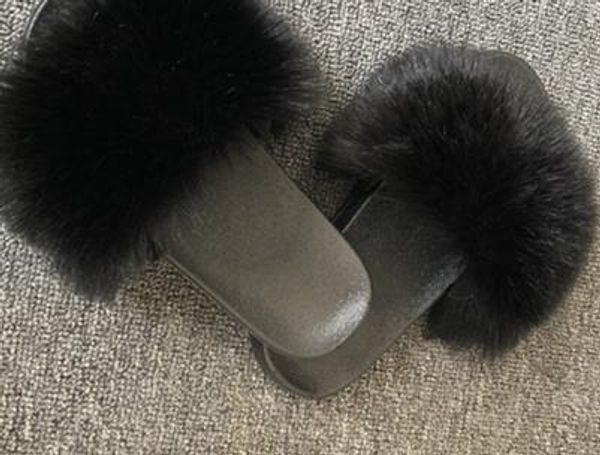 

designer-ure real fur beach flat slides beach sandals lady plush furry slides, Black