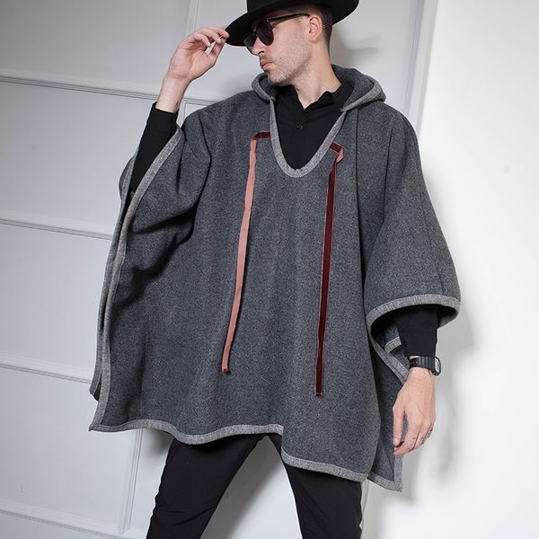 

black dark gray thick woolen coat woolen coat shawl cape hooded autumn and winter men's shirt european and american simplicity