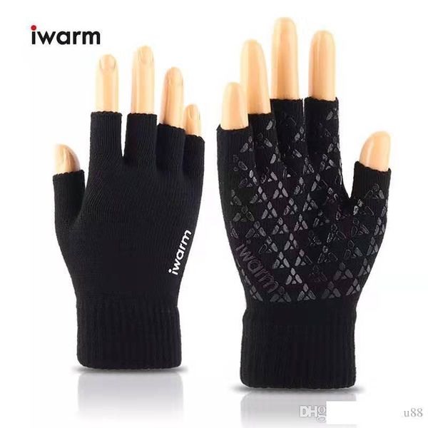 

half finger winter warm non-slip knit wool gloves, Blue;gray