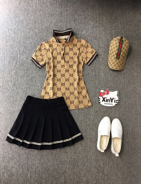 

fashion designer women's skirt suit luxury style polo shirt with casual pleated skirt two-piece suit slim slimming-2, White