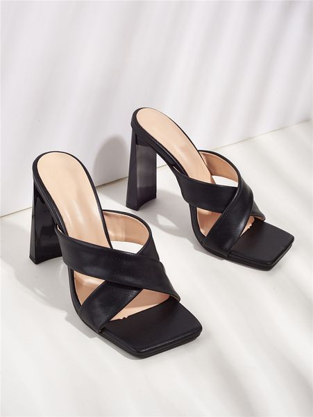 

new arrivals women fashion slippers high heels sandals slides square toe slip on square toe mules woman summer slides, Black
