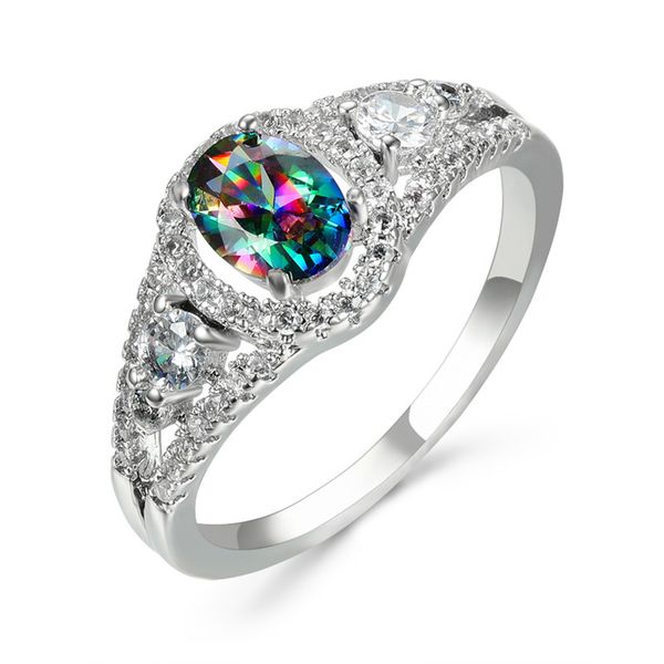 

rongxing boho female crystal oval stone rings for women 925 silver color blue green white zircon wedding bands rainbow jewelry, Golden;silver