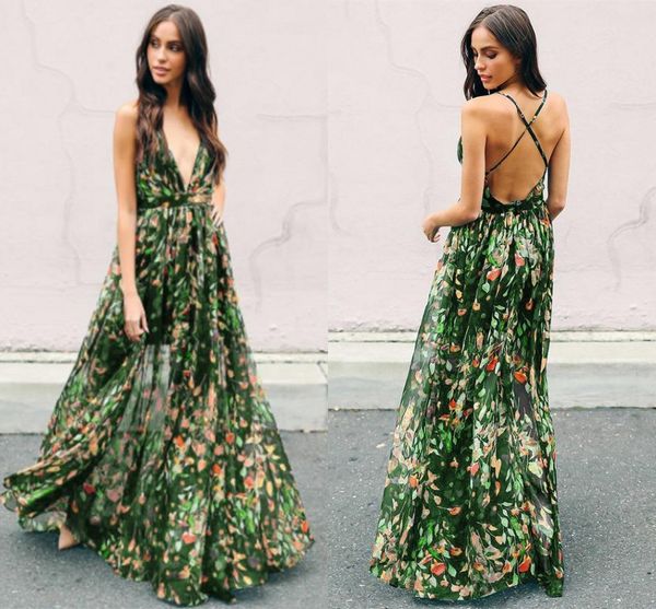 2019 Barato Bohemia Floral Impresso Prom Vestidos Longo Profundo Decote Em V Criss Cross Backless Vestido de Festa Vestido Formal Vestidos de Noite Praia