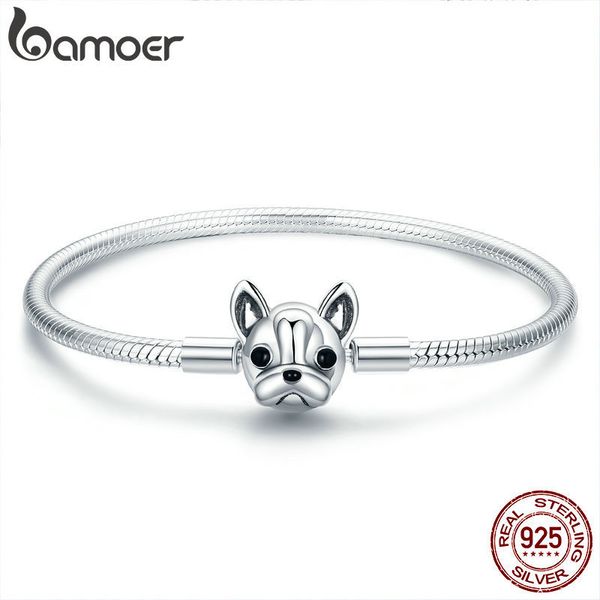 Bamoer 100% Genuíno 925 Sterling Silver Francês Bulldog Doggy Corrente de Cadeiras Mulheres Pulseira Bangles Prata Jóias 17-19cm SCB075 T7190615