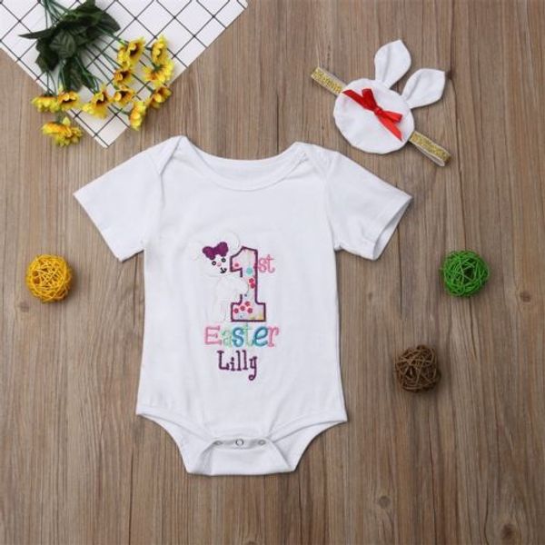

2019 easter newborn baby girl clothes rabbit bunny jumpsuit short sleeves bodysuit + headband outfits summer cute clothing, White