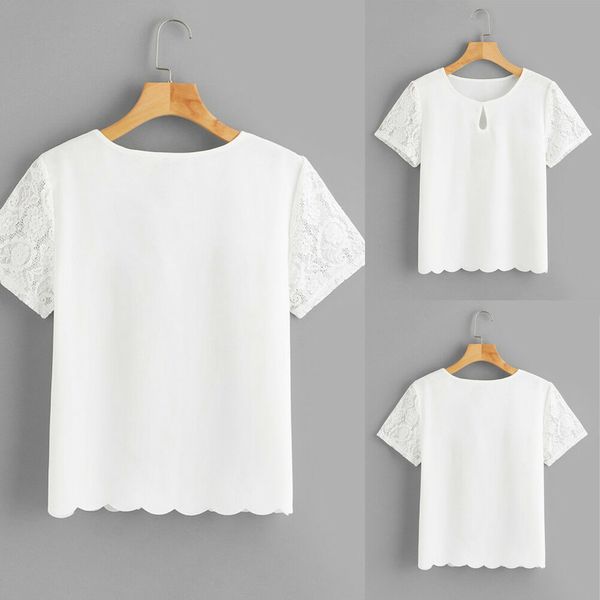 

2019 new style fashion solid women short sleeve loose t shirts ladies summer casual lace hollow out, White