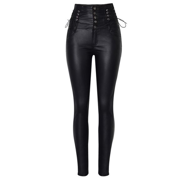 

2019 autumn high waist button fly black pu faux leather long cargo pants women trousers mg407, Black;white