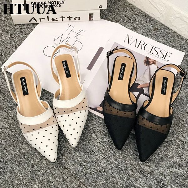 

htuua new 2019 spring summer shoes women black white mesh stitching dot flat sandals female pointed toe casual shoes sx2161