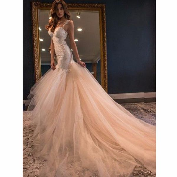 

fabulous mermaid sheath open back tulle lace wedding dresses sweetheart bridal maxi gown custom made blush pink formal gowns vestidos noiva, White