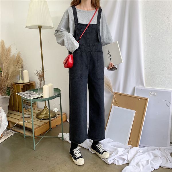 

fashion brand women's clothing overalls pockets elastic waist high jeans new autumn casual korean style female loose black, Blue