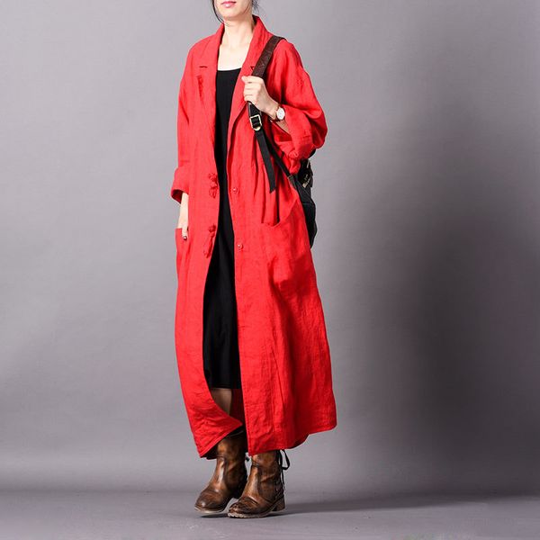 

women spring loose cotton linen trench coat ladies solid color plus size cotton flax outerwear female vintage retro long coat, Tan;black