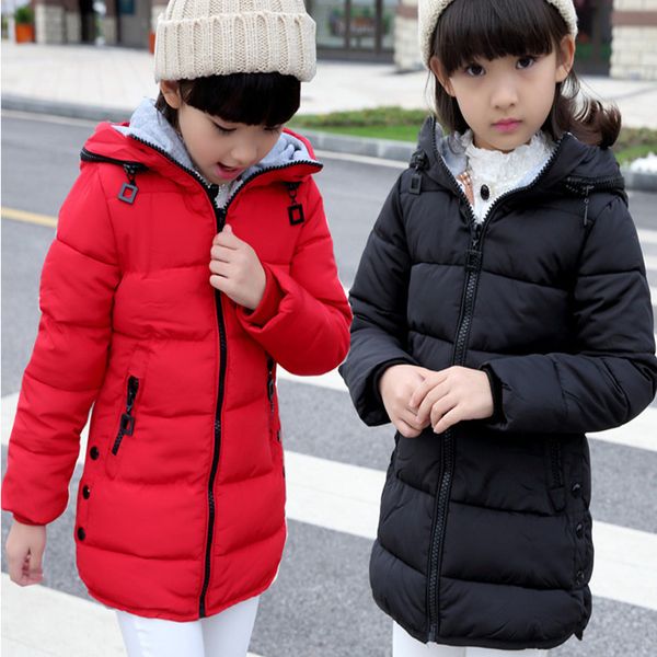 

children's cotton jacket girls cotton coat long section big children thickening hooded down cotton coat winter windbreaker, Blue;gray