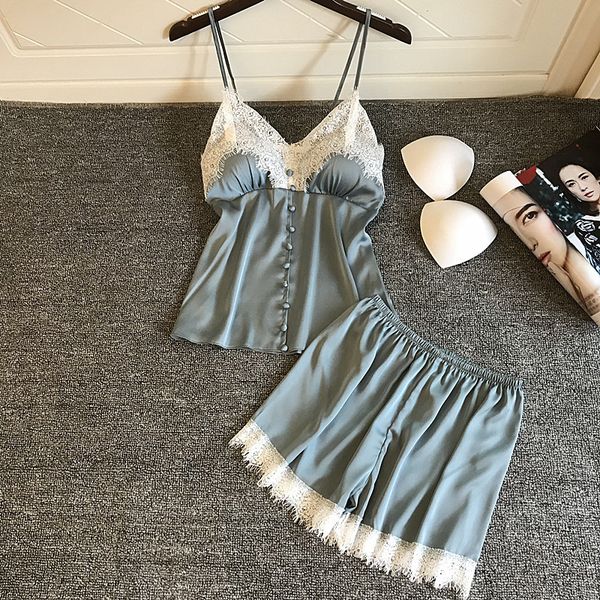 

women summer pajamas new shorts nightwear two-piece satin pajamas set silk home suit chest pad sleepwear, Blue;gray