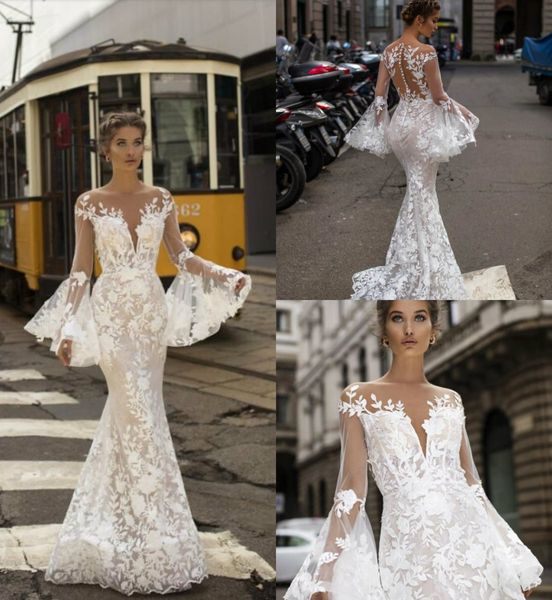 

2019 lace mermaid wedding dresses sheer jewel neck appliqued sweep train country wedding dress bridal gowns long sleeve vestidos de novia, White