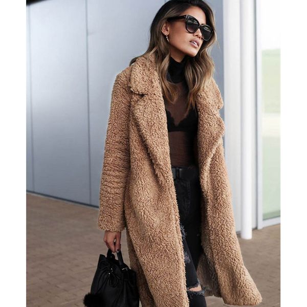 

winter thick long teddy coat women high street oversize fleece jackets and coats ladies lamb wool coat faux fur lapel, Black