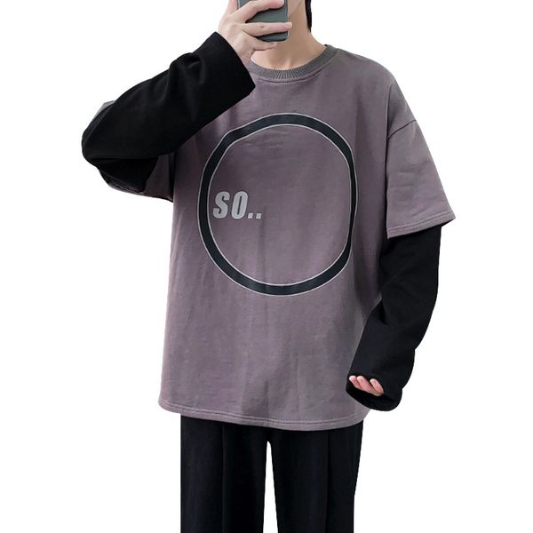 

zhijing новый мужской поддельный двухсекционный пуловер толстовки стильные свободные круглый вырез верхняя одежда мужские толстовки, Black