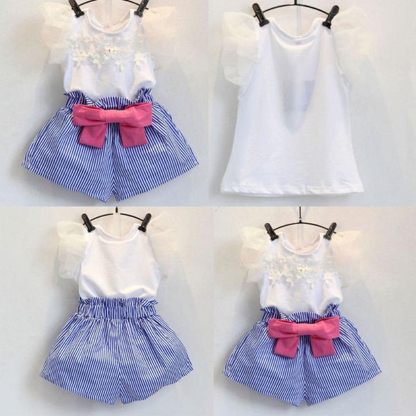 

2018 newly princess summer toddler girls 2pcs short petal lace sleeve floral white t-shirts bow blue striped shorts 2-7y