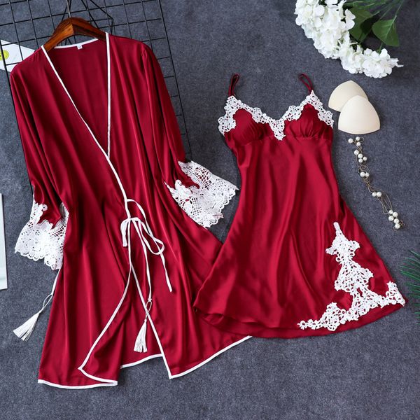 

2019 women sleepwear robe gown set sleep lounge indoor clothing ladies nightwear bathrobe nightdress with chest pads, Black;red