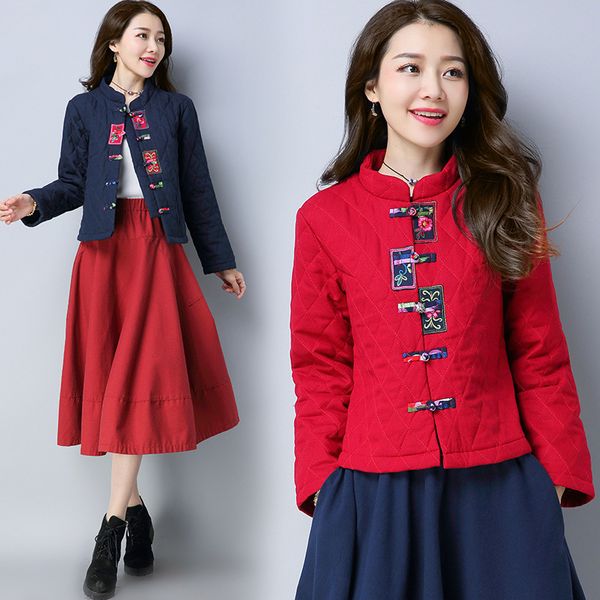 

2019 autumn and winter new style women's dress national wind cotton linen frog large size loose-fit slimming long sleeve embroid, Blue;black