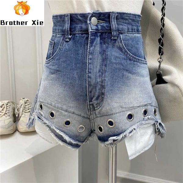 

hollow out circle flash shorts women jean shorts 2020 summer new style high waist wide-leg jeans denim pants ladies clothes, Blue