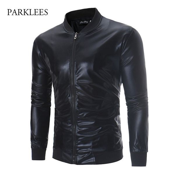 

solid black coated metallic jacket men 2018 fashion stand collar casual zipper jackets mens coat hip hop streetwear veste homme, Black;brown