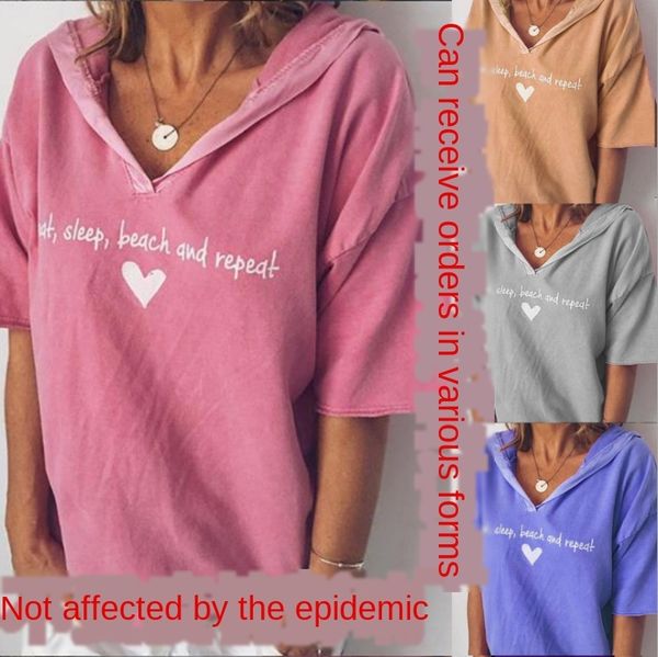 

2019 casual women's dress pure color t- shirt letter printing hooded short-sleeved t-shirt large size blouse women, White