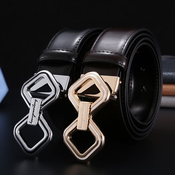 

men's genuine leather belt smooth buckle belt cowhide middle-aged youth business fashion leisure, Black;brown
