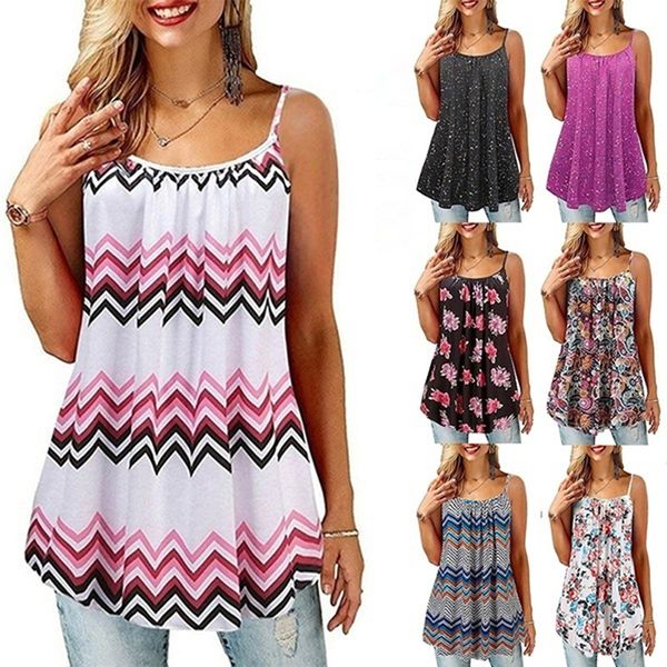 

fashion women summer loose sleeveless casual tank spaghetti straps t shirt vest bohemian floral print tees, White