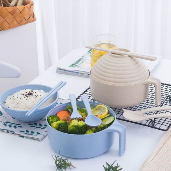

new portable reusable household dishware set kids spoon fork cup salad soup bowl plate wheat straw kitchen tableware set 5pcs/set